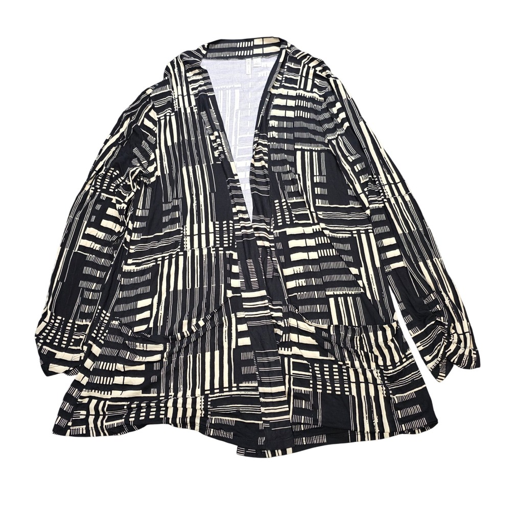 Cato Open Front Cardigan Women's Size L Black Cream Geometric Abstract Pockets